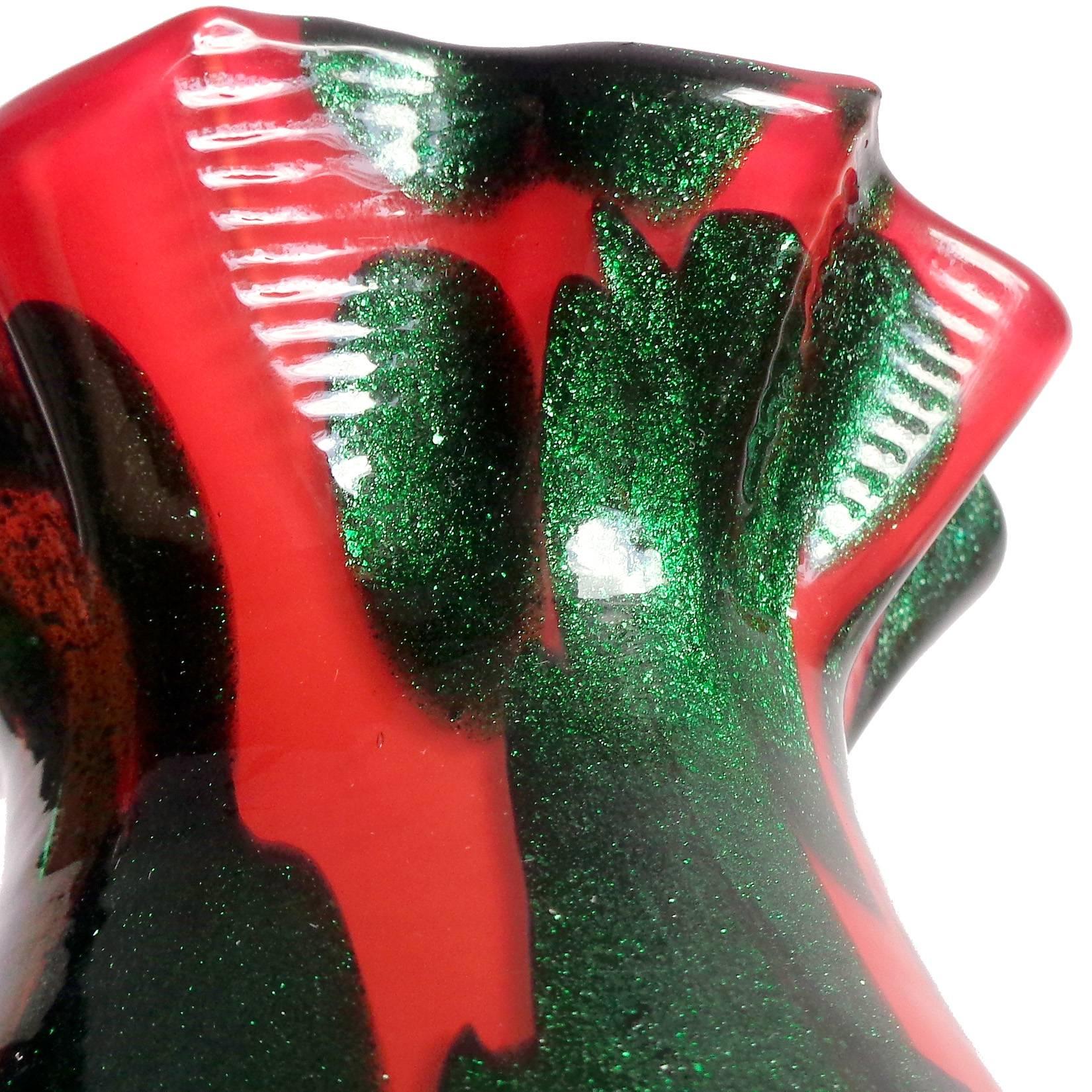 Mid-Century Modern Murano Red Green Aventurine Spots Italian Art Glass Ruffle Rim Flower Vase