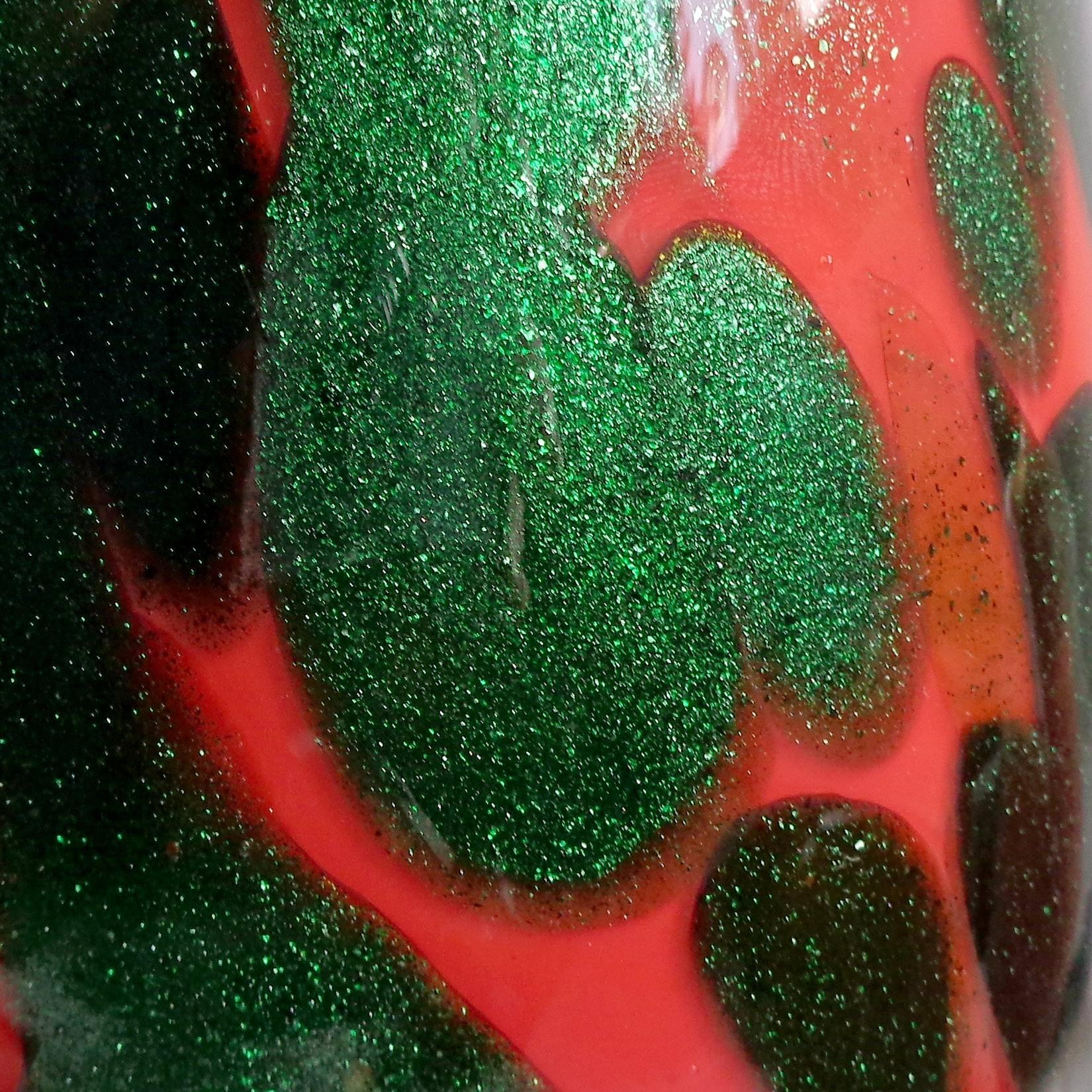 Hand-Crafted Murano Red Green Aventurine Spots Italian Art Glass Ruffle Rim Flower Vase