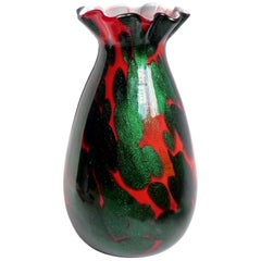 Murano Red Green Aventurine Spots Italian Art Glass Ruffle Rim Flower Vase