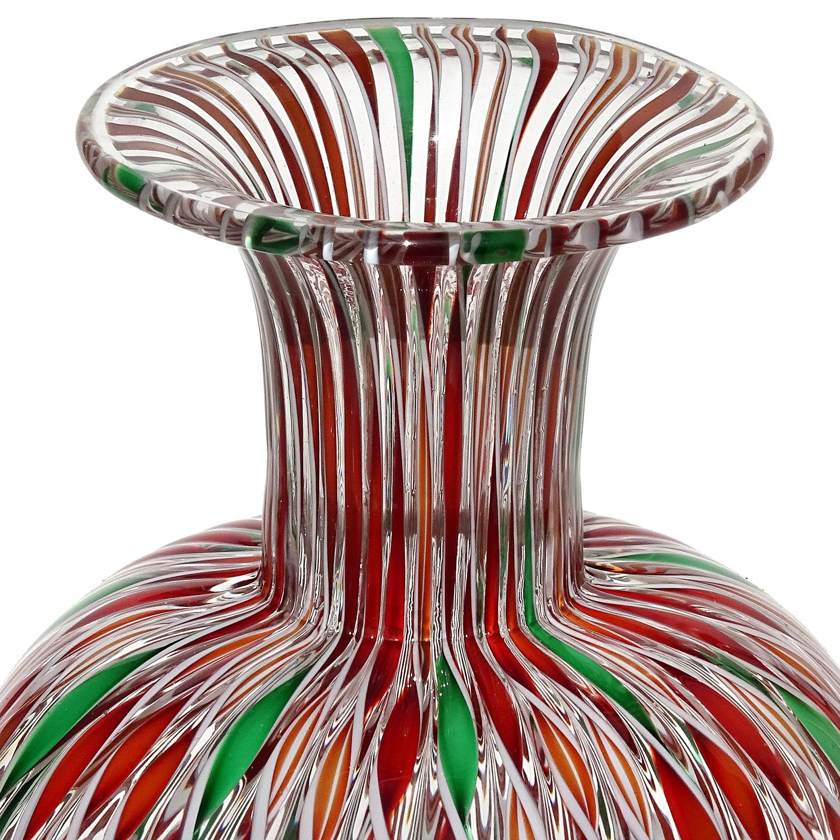 Mid-Century Modern Murano Red Green White Orange Twisting Ribbons Italian Art Glass Flower Vase