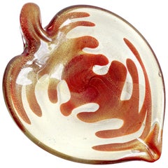 Vintage Murano Red Heart Veins Gold Flecks Italian Art Glass Leaf Shaped Dish Bowl