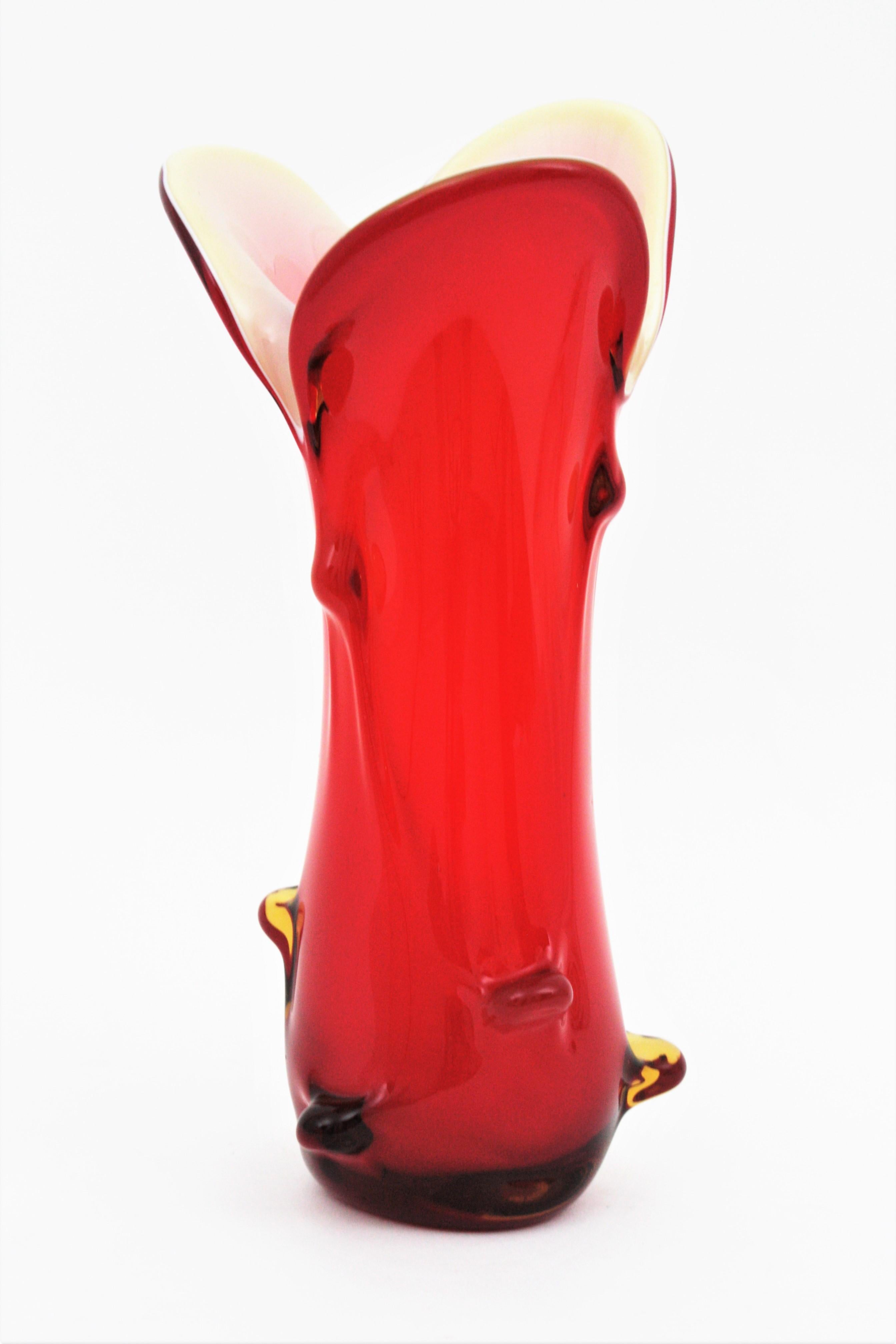 Murano Red Italian Art Glass Pulled Vase For Sale 4