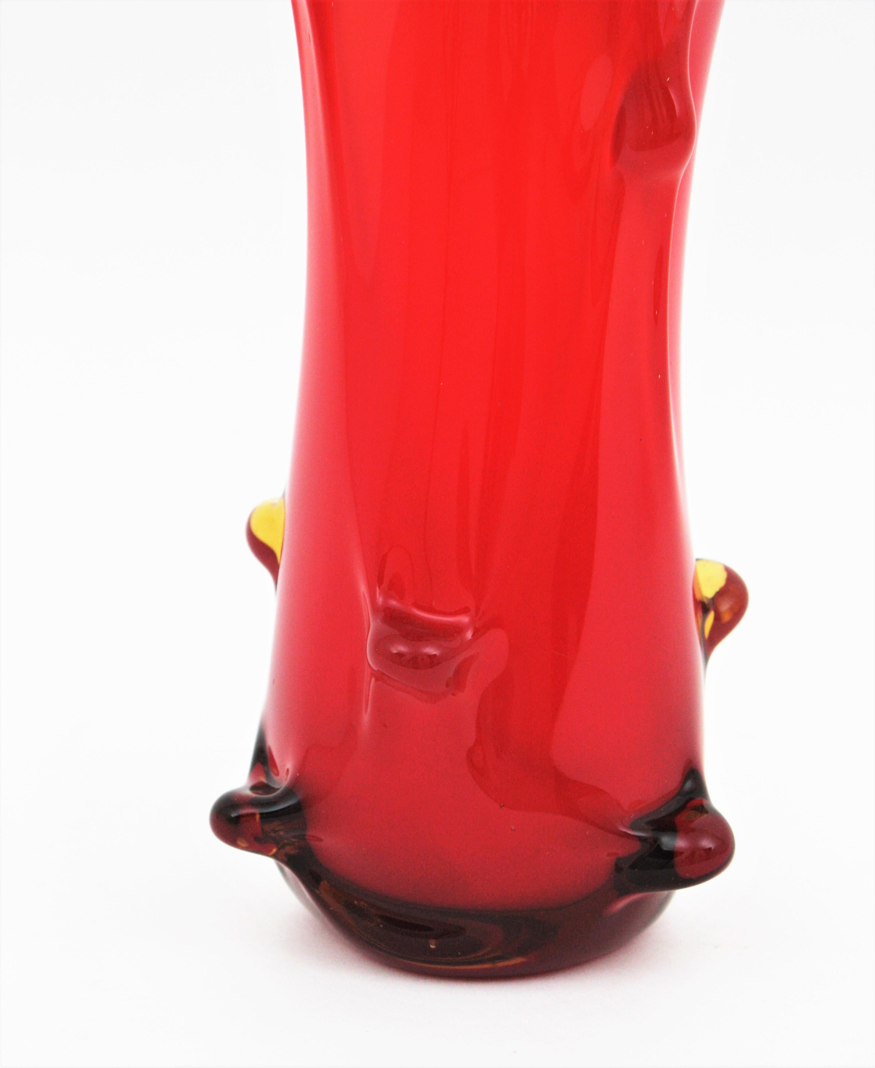 Murano Red Italian Art Glass Pulled Vase For Sale 6