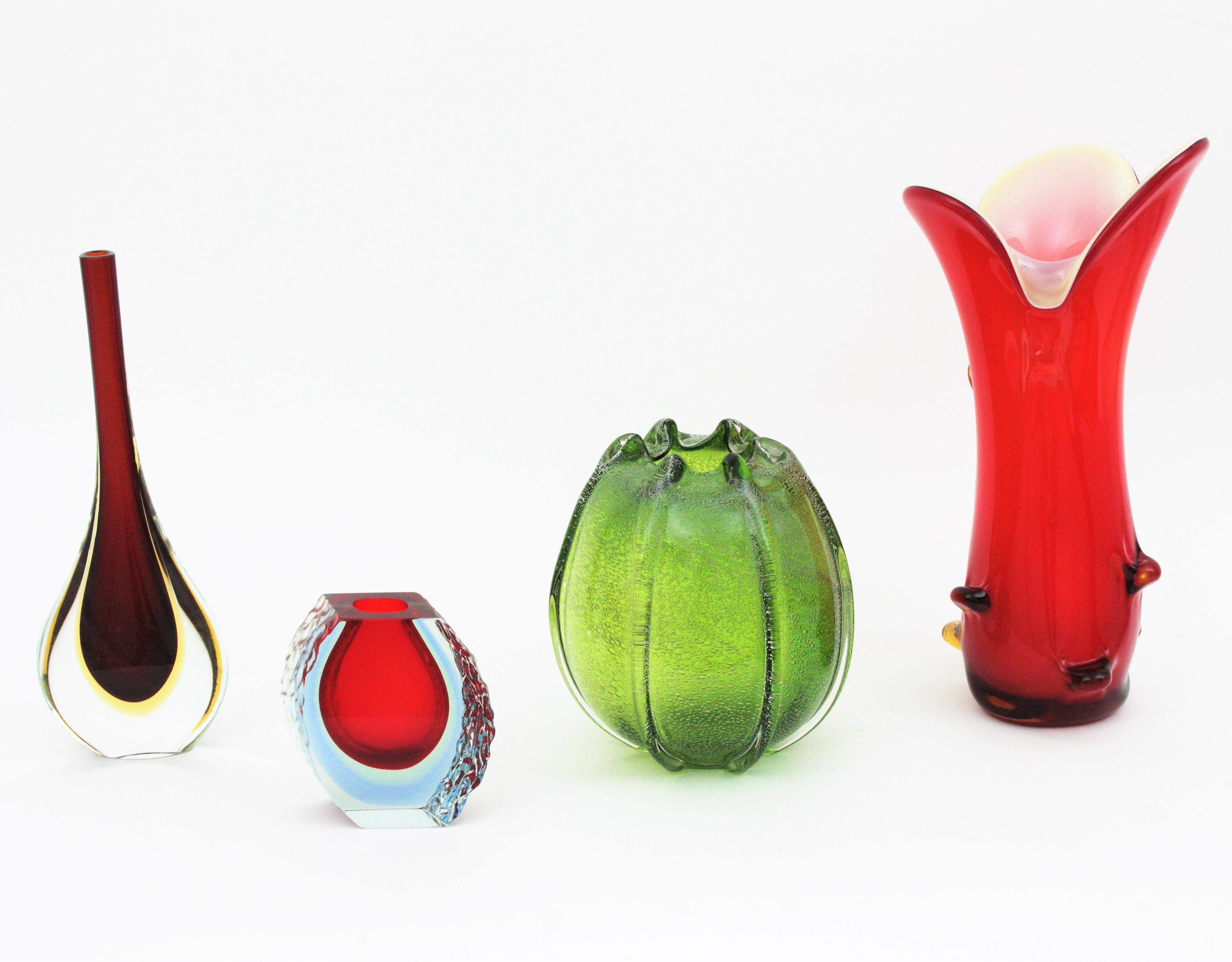 Mid-Century Modern Murano Red Italian Art Glass Pulled Vase For Sale