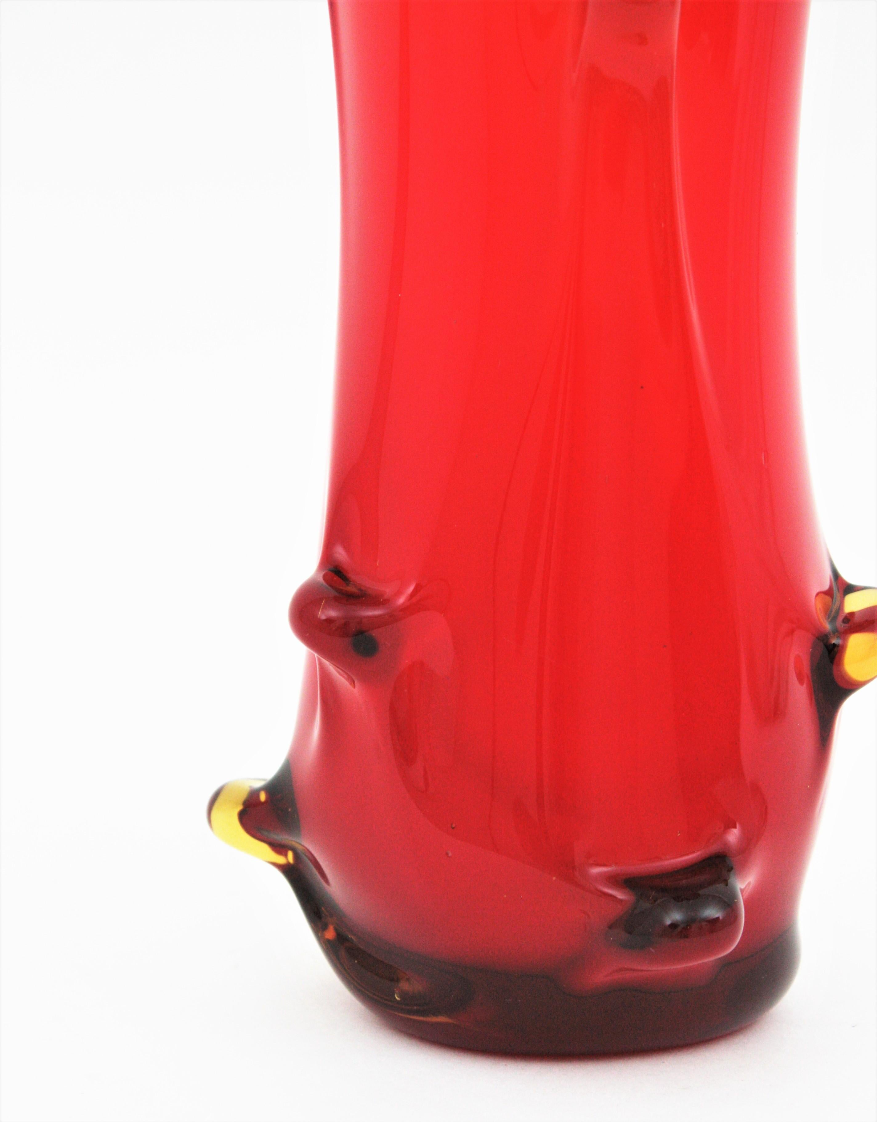 Murano Red Italian Art Glass Pulled Vase For Sale 3