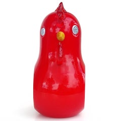 Murano Red Multi-Color Millefiori Flowers Italian Art Glass Rooster Sculpture