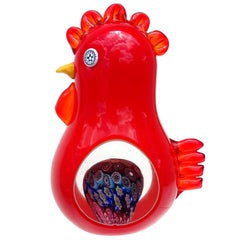 Murano Red Multi-Color Millefiori Flowers Italian Art Glass Rooster Sculpture