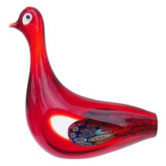 Murano Red Multicolor Millefiori Flowers Italian Art Glass Dove Figure Sculpture