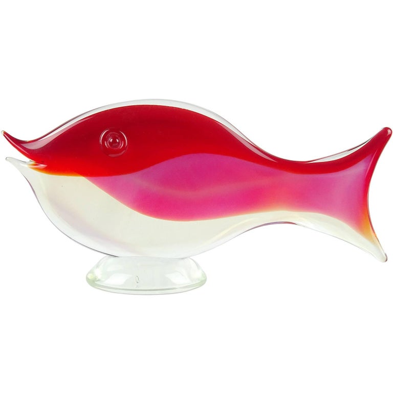 Mid-Century Modern Murano Red Opalescent White Italian Art Glass Centrepiece Fish Sculpture For Sale
