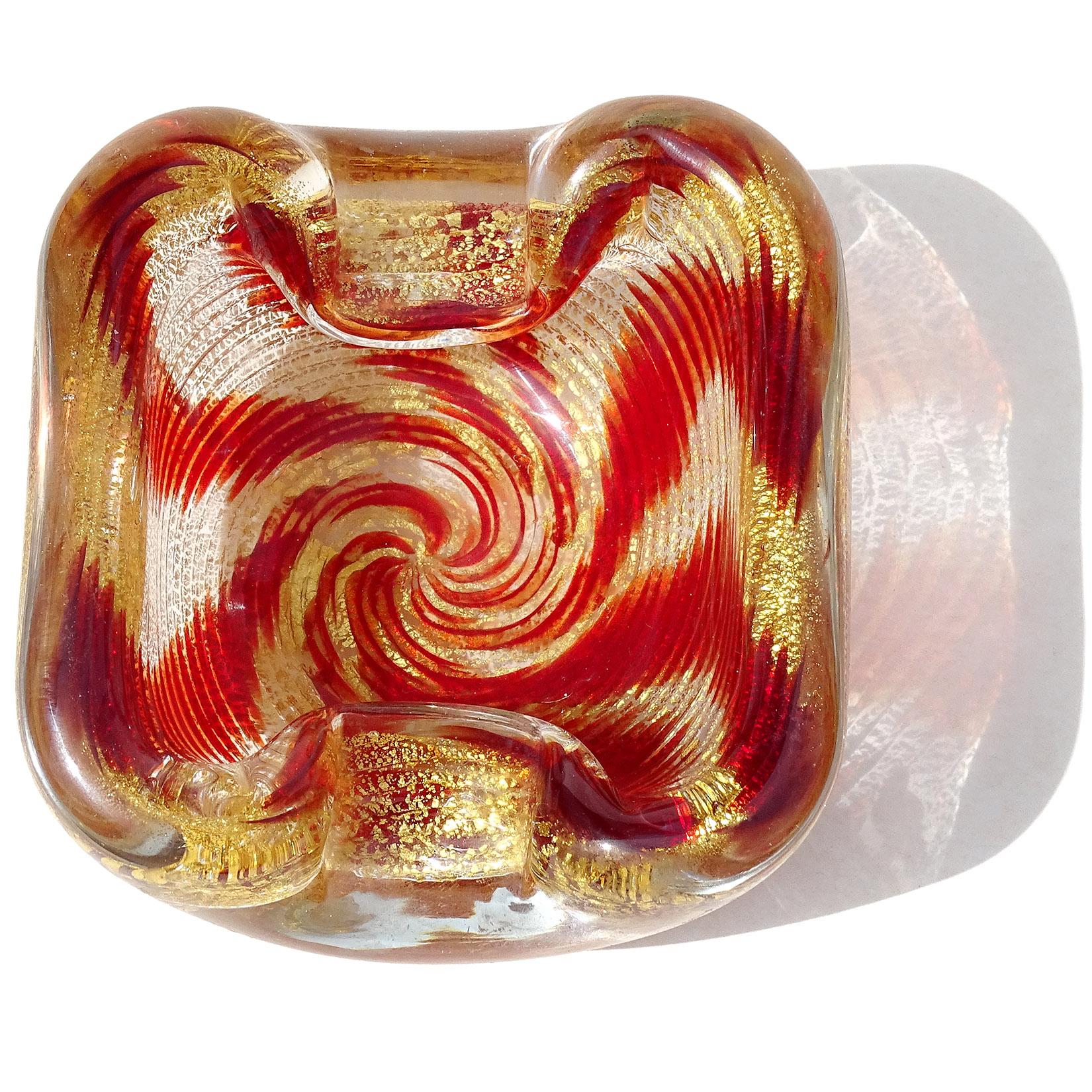 Art Deco Murano Red Optic Swirl Gold Flecks Italian Art Glass Chunky Bowl Vide-Poche For Sale
