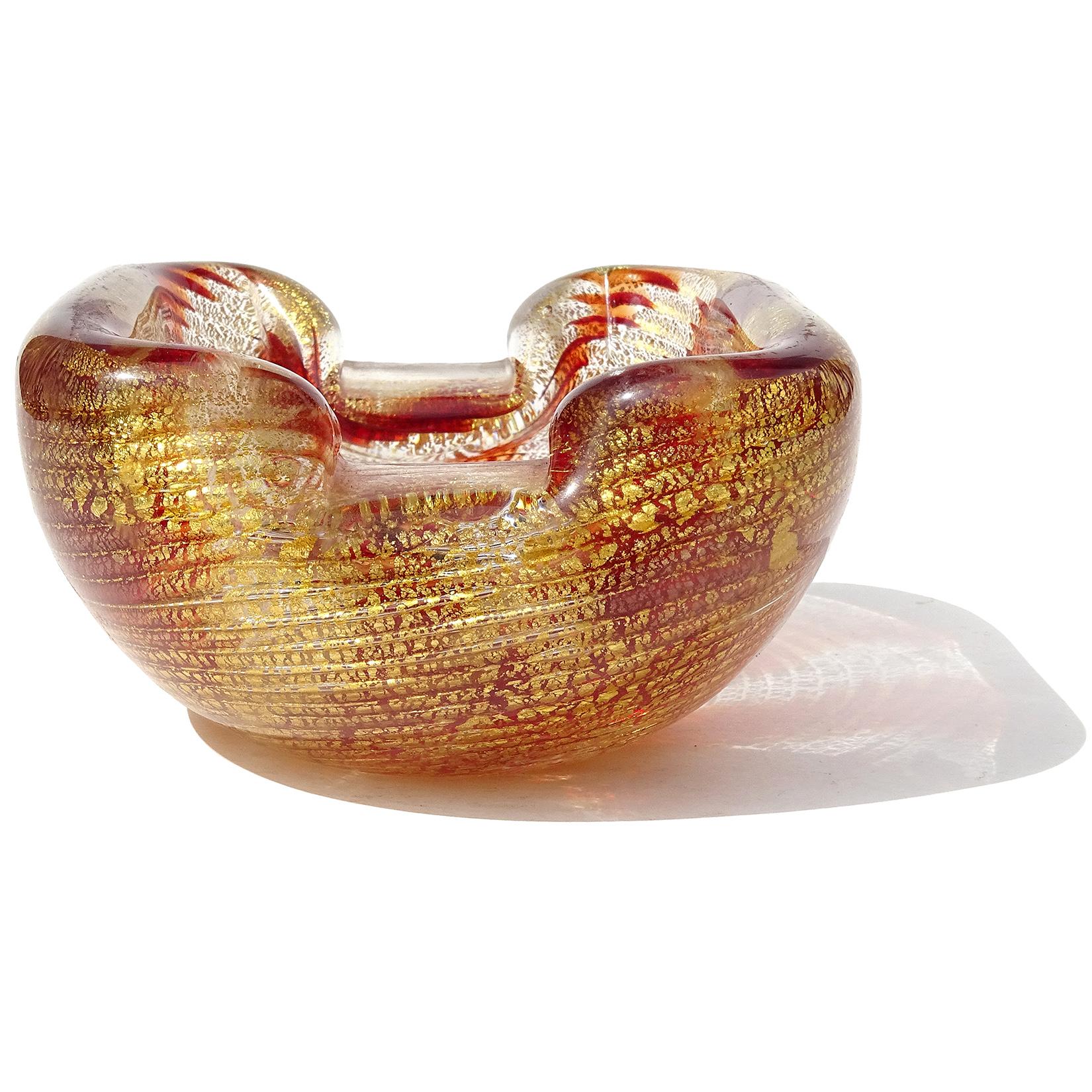 Hand-Crafted Murano Red Optic Swirl Gold Flecks Italian Art Glass Chunky Bowl Vide-Poche For Sale