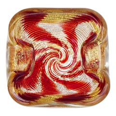 Murano Red Optic Swirl Gold Flecks Italian Art Glass Chunky Bowl Vide-Poche