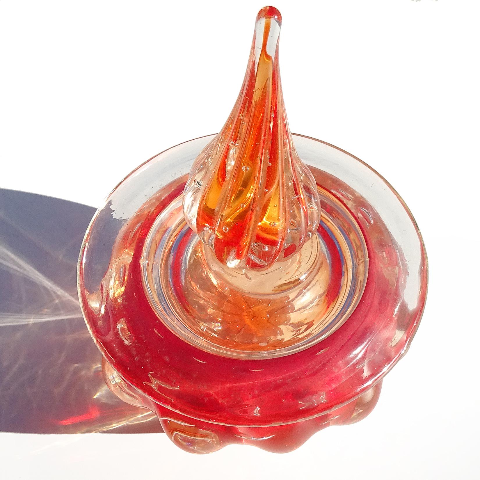 Mid-Century Modern Murano Red Orange Controlled Bubbles Italian Art Glass Vanity Jar Powder Box For Sale