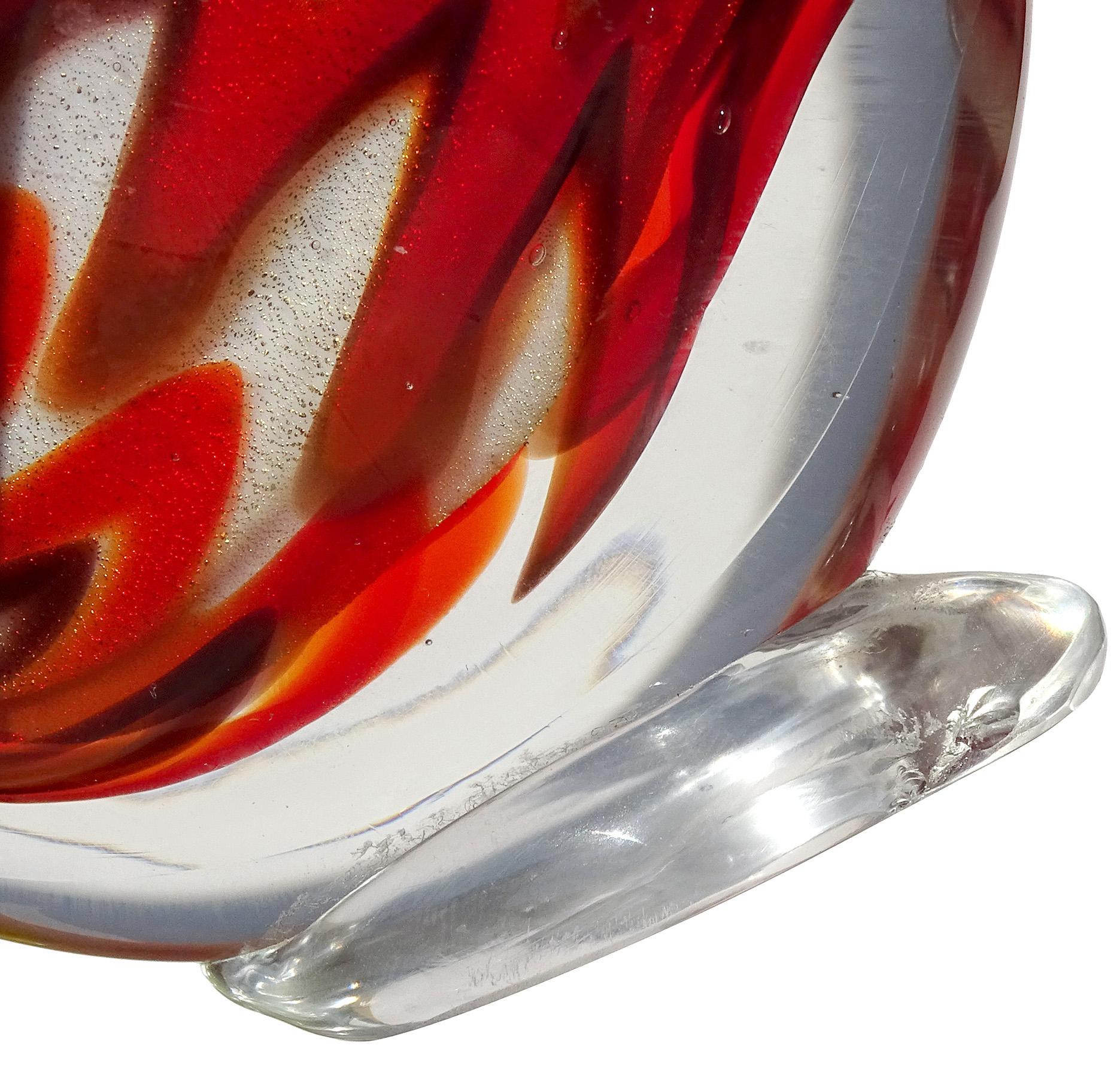 Murano Red Orange Gold Flecks Chevron Pattern Italian Art Glass Fish Figurine For Sale 1