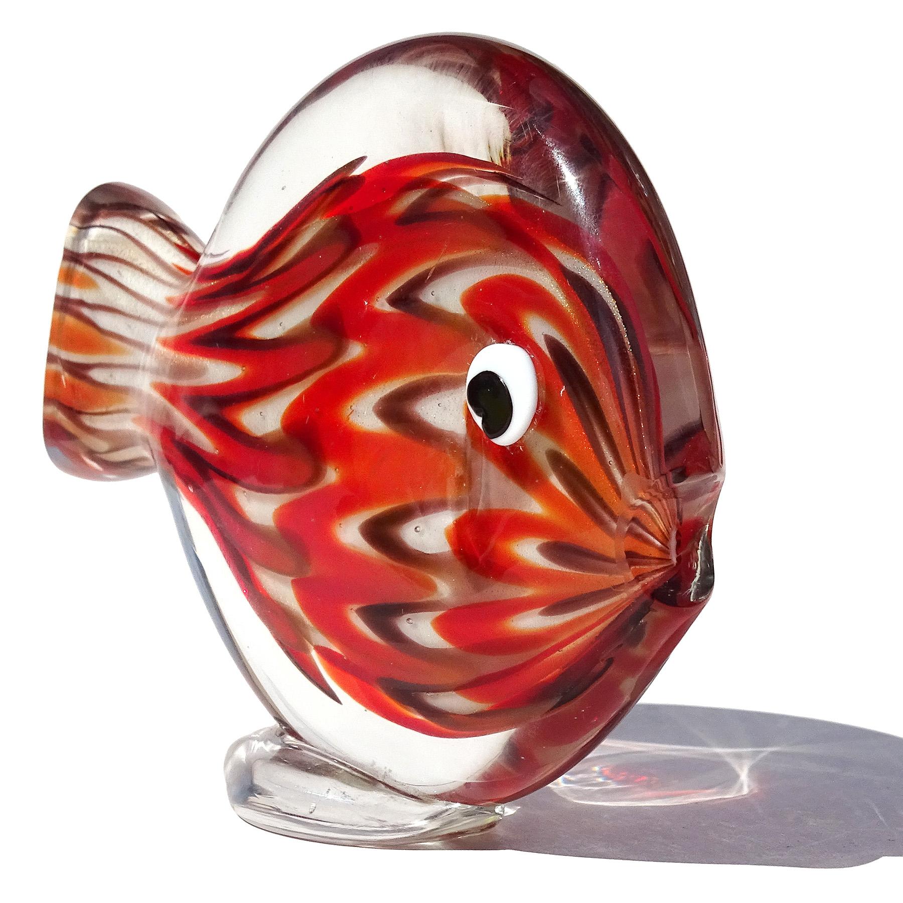 Mid-Century Modern Murano Red Orange Gold Flecks Chevron Pattern Italian Art Glass Fish Figurine For Sale