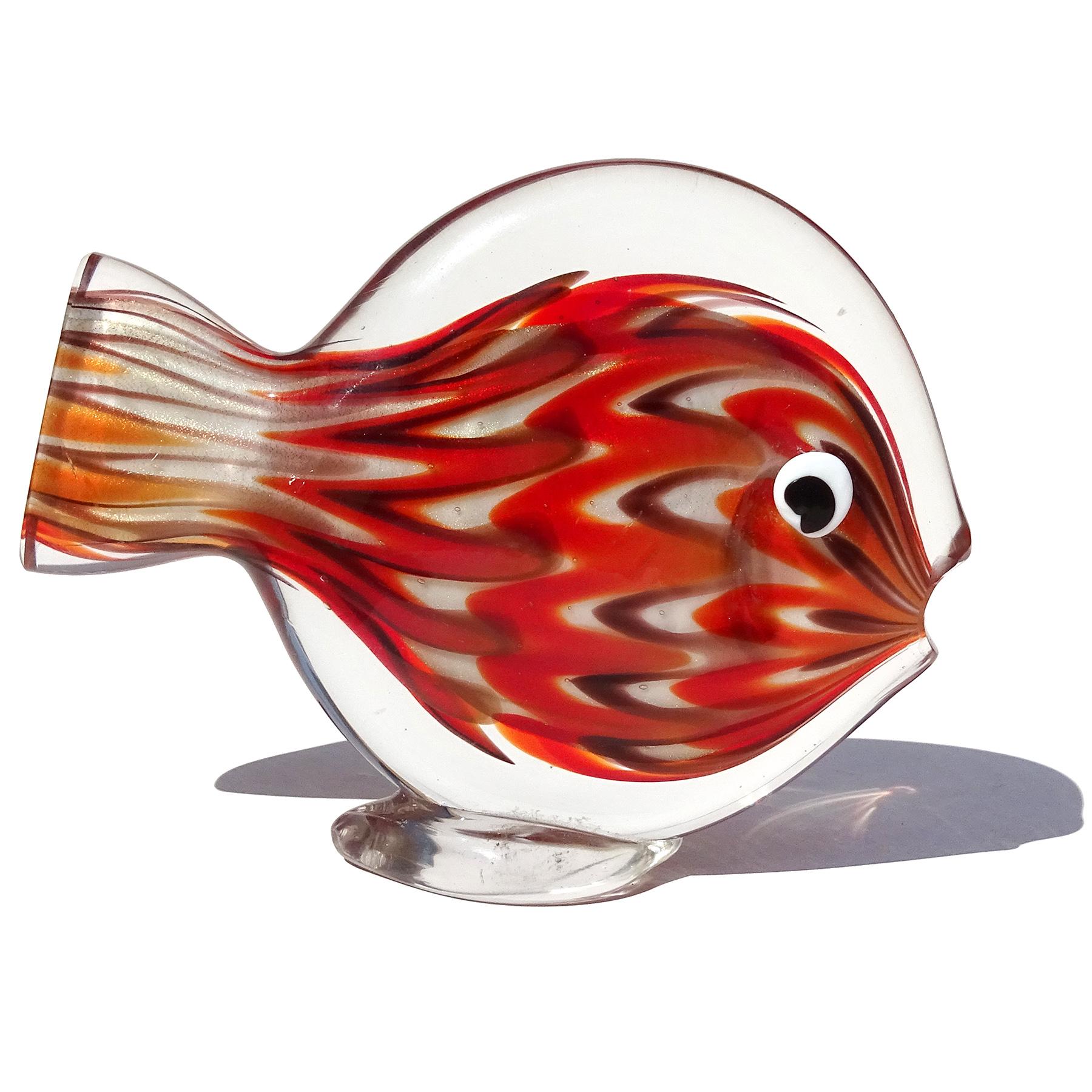 Hand-Crafted Murano Red Orange Gold Flecks Chevron Pattern Italian Art Glass Fish Figurine For Sale
