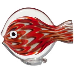 Figurine de poisson en verre d'art italien de Murano, rouge, orange, mouchetures dorées à motif chevron