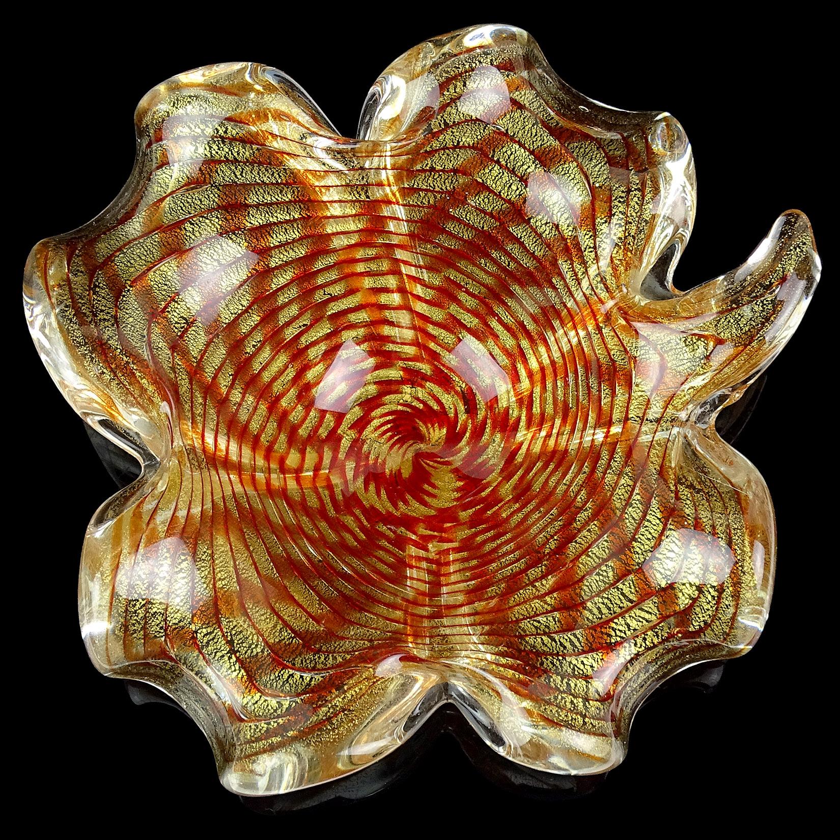 Mid-Century Modern Murano Red Orange Gold Flecks Italian Art Glass Spiderweb Design Leaf Bowl