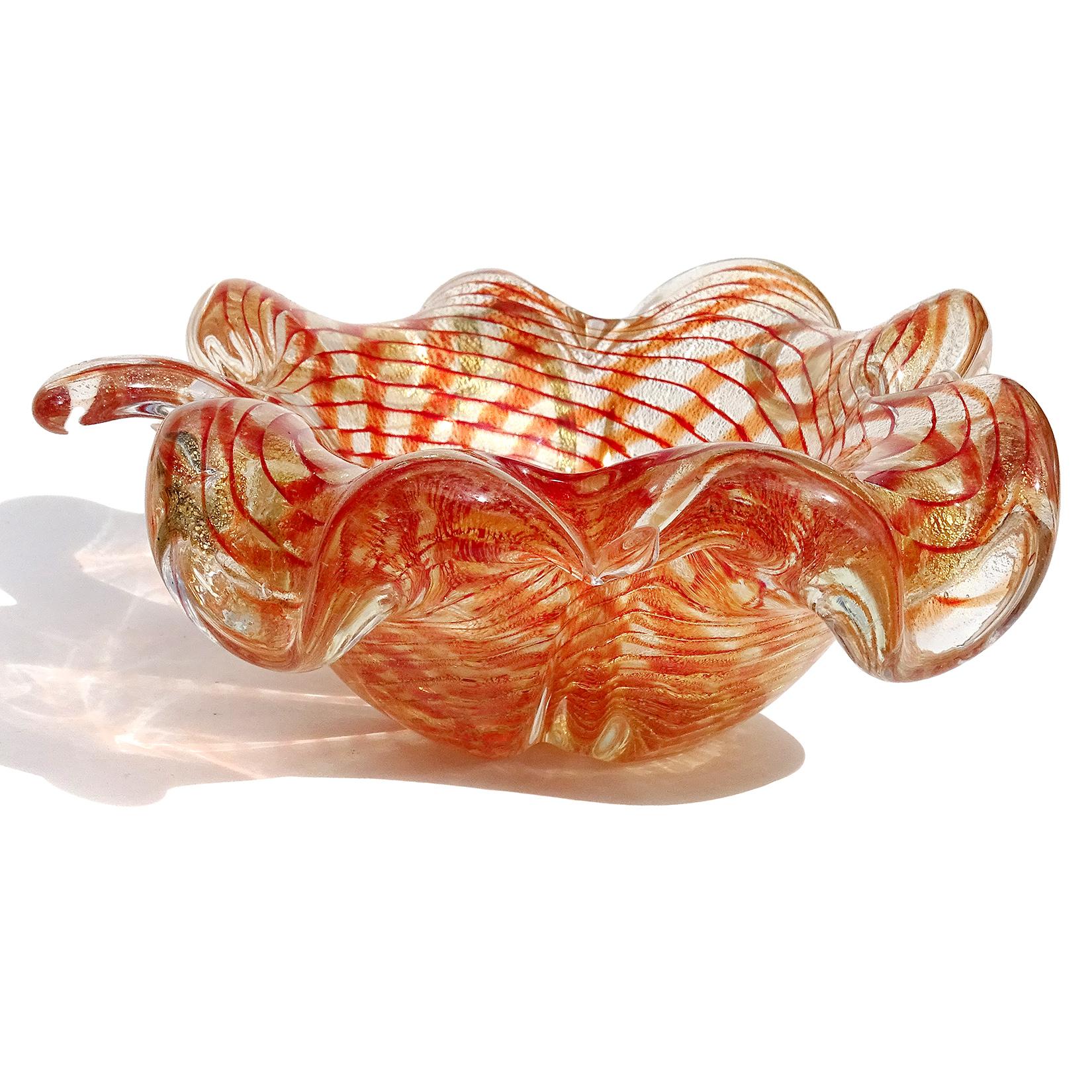 Hand-Crafted Murano Red Orange Gold Flecks Italian Art Glass Spiderweb Design Leaf Bowl