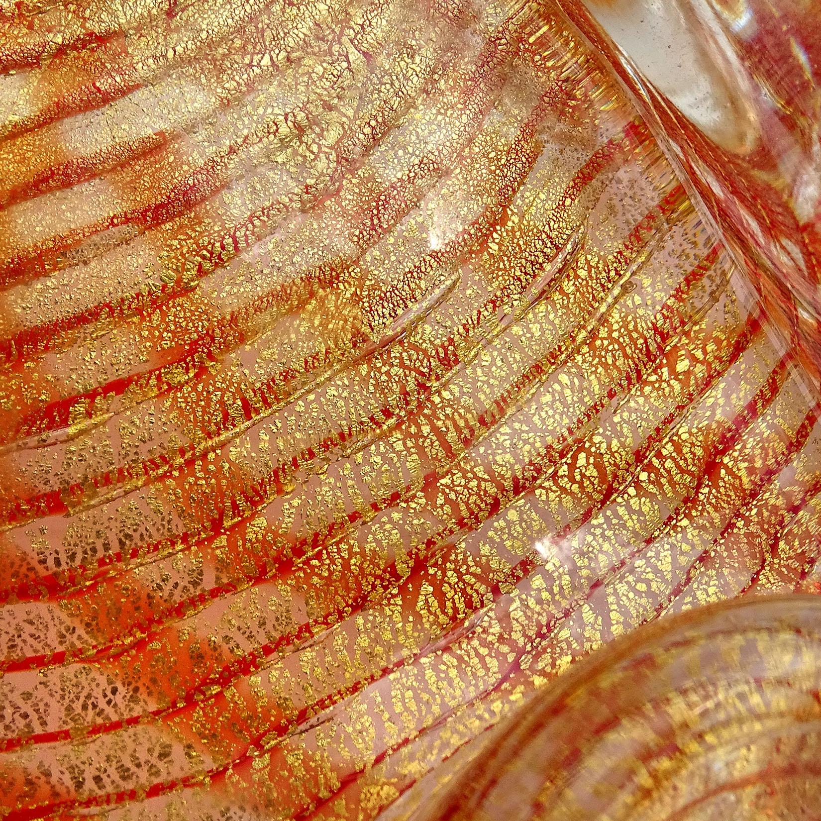 Murano Red Orange Gold Flecks Italian Art Glass Spiderweb Design Leaf Bowl 1