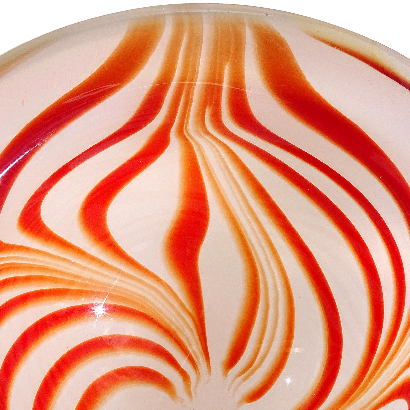Murano Red Orange White Opal Psychedelic Optic Swirl Italian Art Glass Bowl In Good Condition For Sale In Kissimmee, FL
