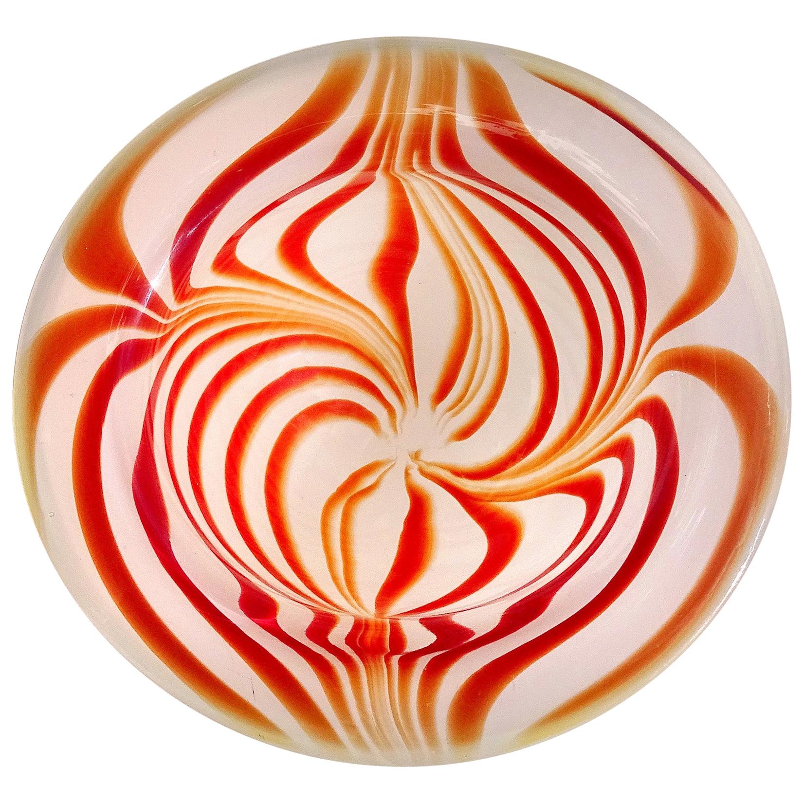 Murano Red Orange White Opal Psychedelic Optic Swirl Italian Art Glass Bowl For Sale