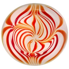 Murano Red Orange White Opal Psychedelic Optic Swirl Italian Art Glass Bowl