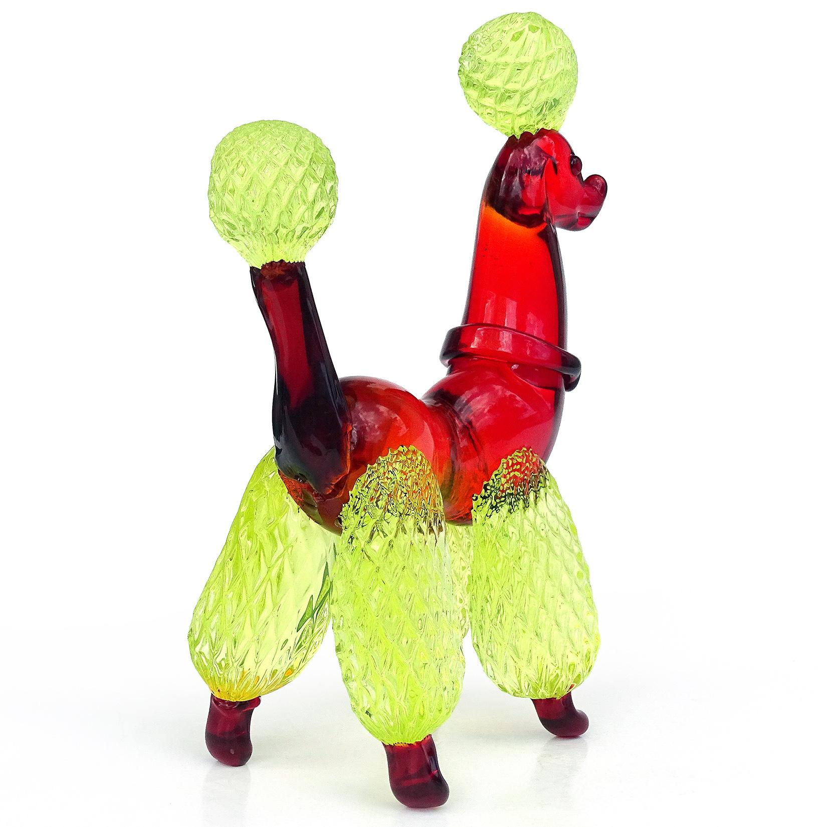 Murano Red Quilted Uranium Fur Italian Art Glass Puppy Dog Poodle Sculpture 1