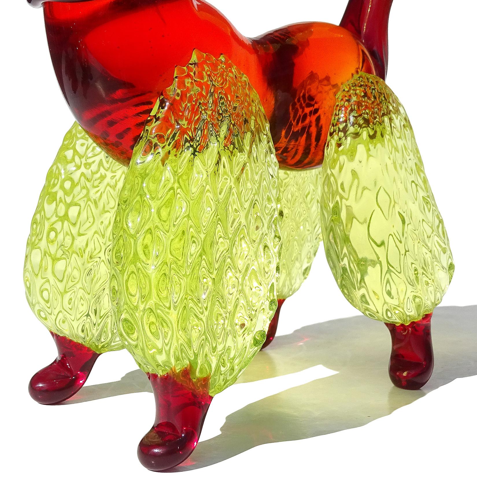 Hand-Crafted Murano Red Quilted Uranium Fur Italian Art Glass Puppy Dog Poodle Sculpture