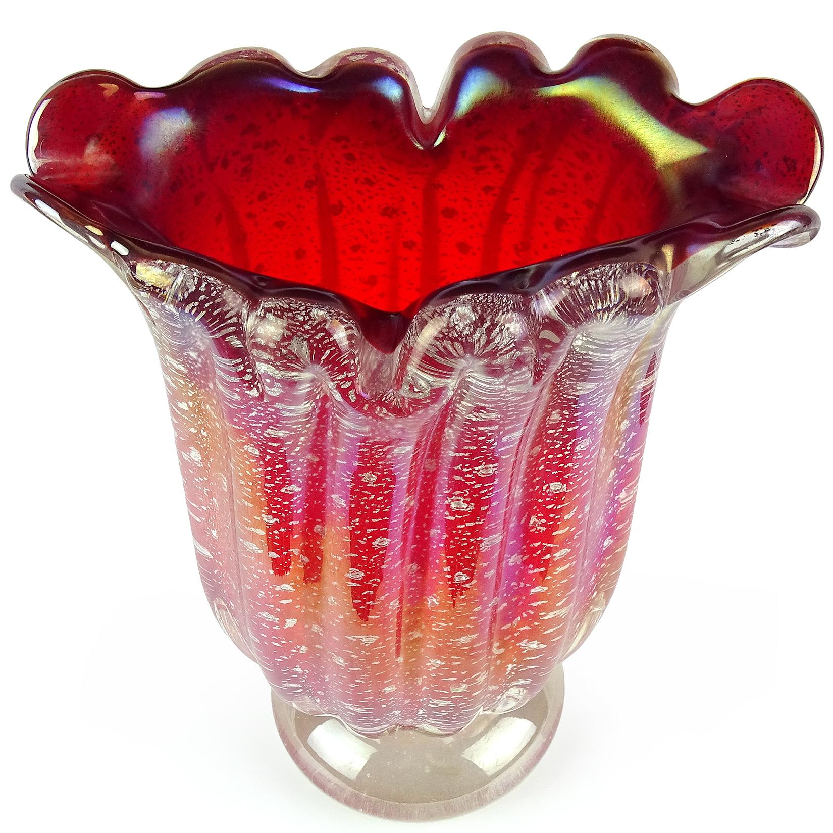 Beautiful vintage Murano hand blown deep red, silver flecks, controlled bubbles Italian art glass flower vase. Created in the manner of the Barovier e Toso and Arte Vetraria Muranese (Avem) companies. The piece has a crimped scalloped rim with an