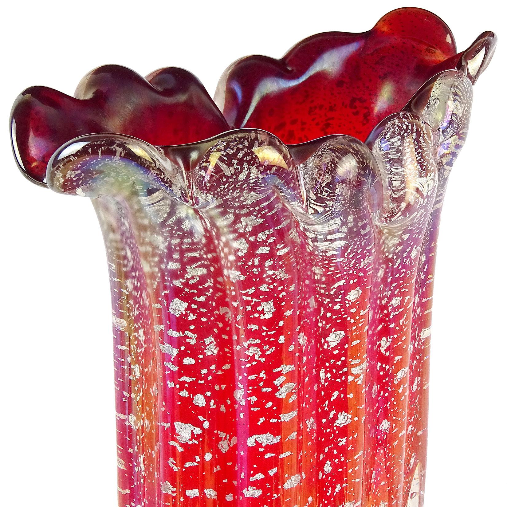 Mid-Century Modern Murano Red Silver Flecks Iridescent Italian Art Glass Scallop Rim Flower Vase For Sale