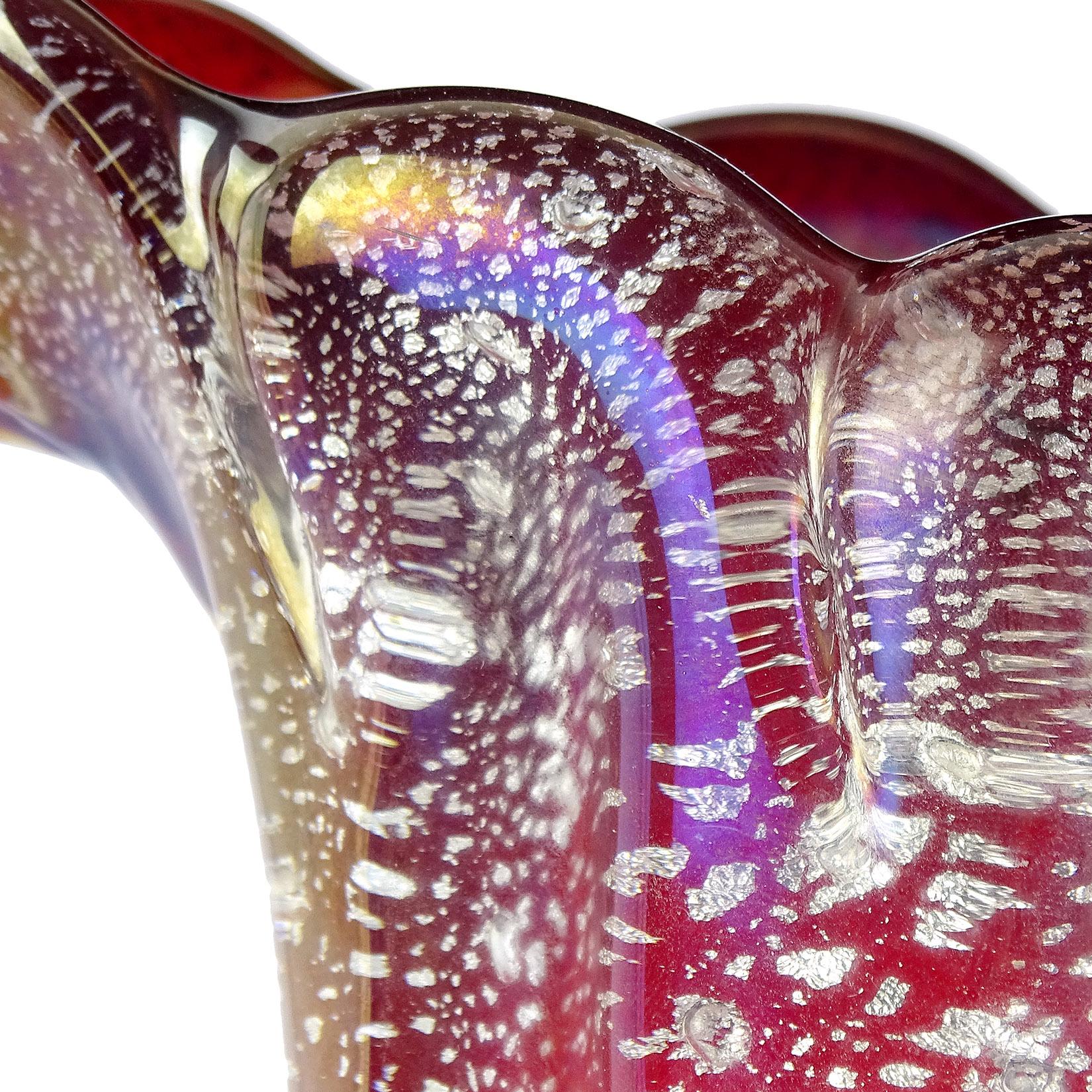 Hand-Crafted Murano Red Silver Flecks Iridescent Italian Art Glass Scallop Rim Flower Vase For Sale