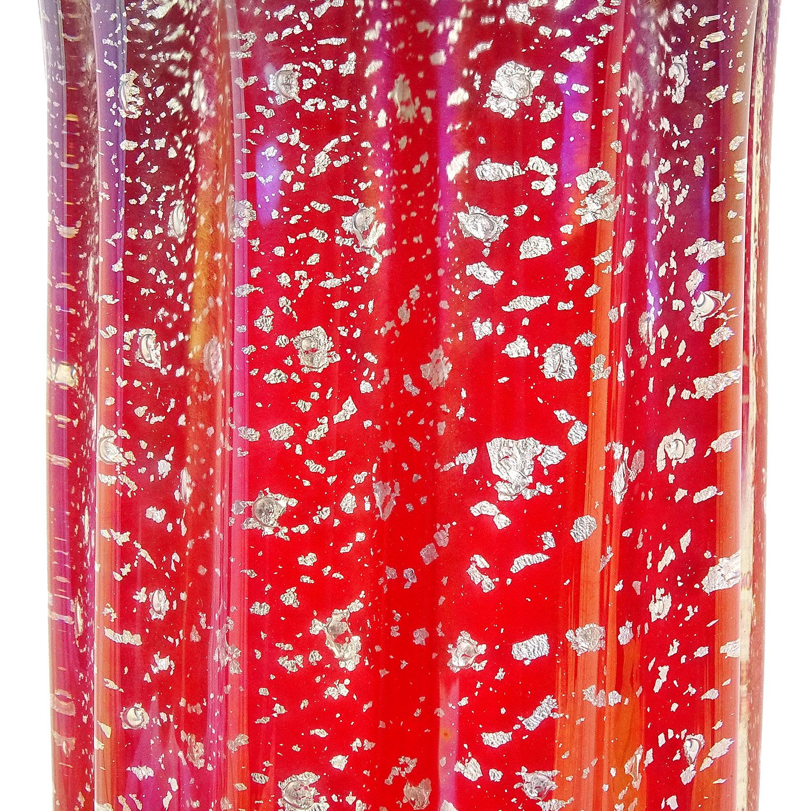 20th Century Murano Red Silver Flecks Iridescent Italian Art Glass Scallop Rim Flower Vase For Sale