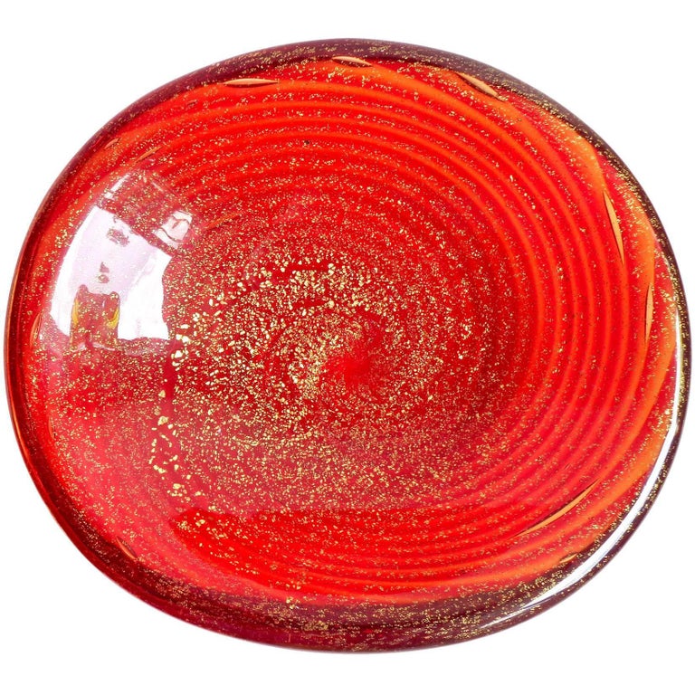 Murano Red Swirl Gold Flecks Italian Art Glass Decorative Oval Bowl