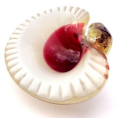 Murano Red White and Gold Flecks Italian Art Glass Seashell Dish Ring Bowl