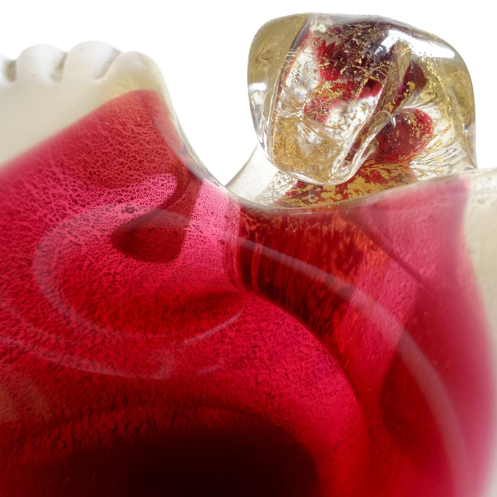 Mid-Century Modern Murano Red White and Gold Flecks Italian Art Glass Seashell Dish Ring Bowl For Sale