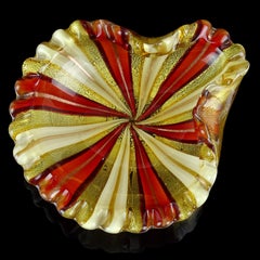 Murano Red White Copper Aventurine Gold Flecks Italian Art Glass Decorative Bowl