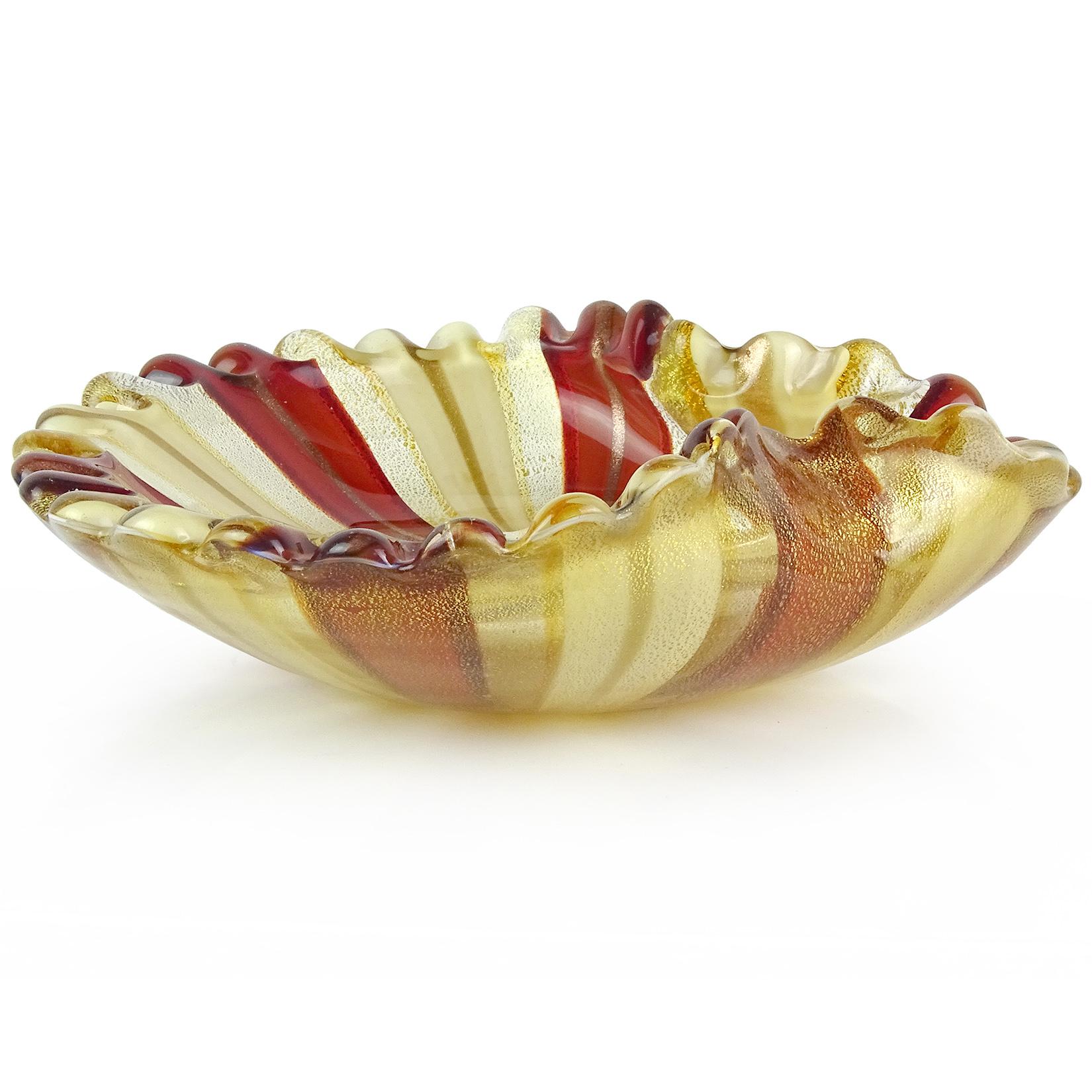 Hand-Crafted Murano Red White Copper Aventurine Gold Flecks Italian Art Glass Decorative Bowl