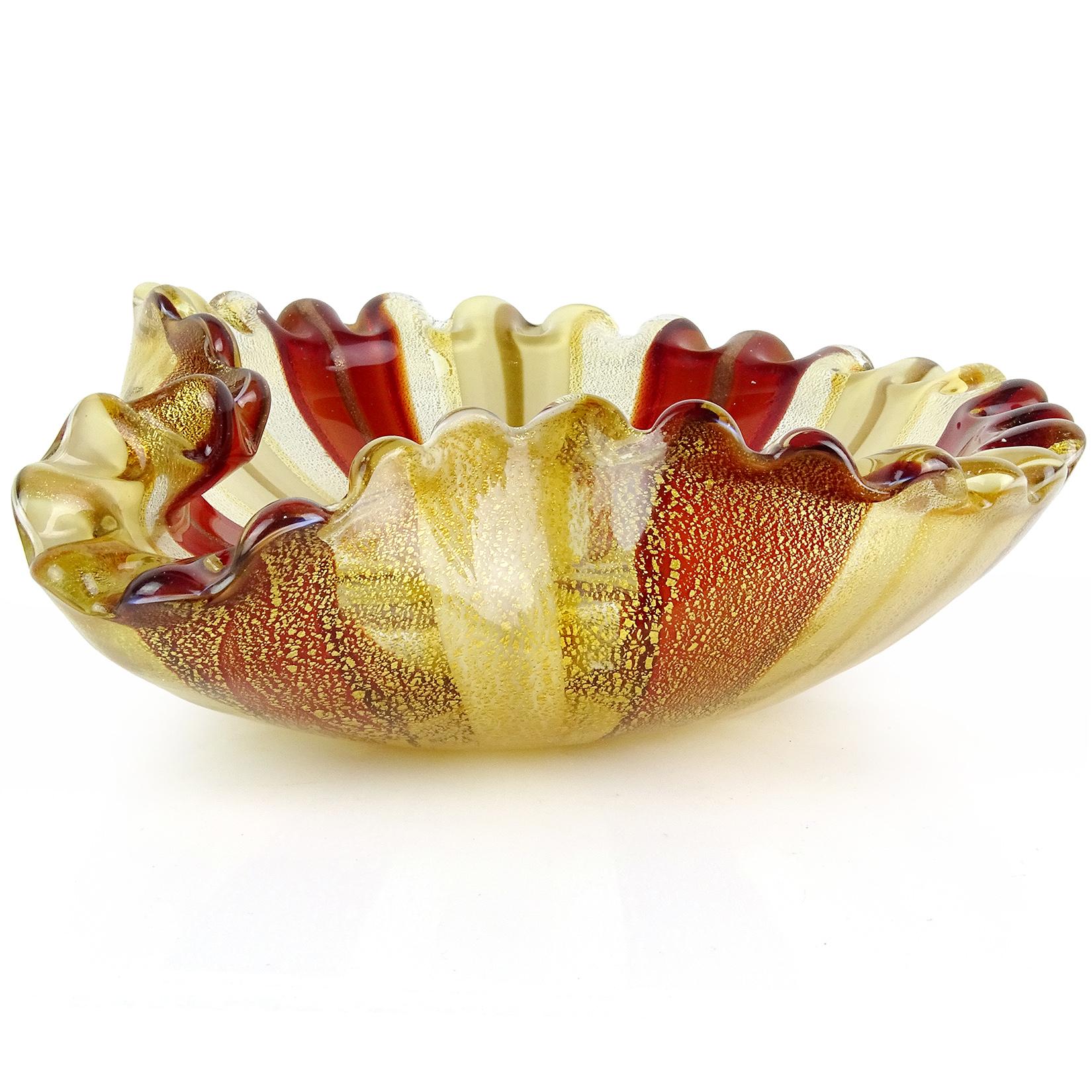 Murano Red White Copper Aventurine Gold Flecks Italian Art Glass Decorative Bowl In Good Condition In Kissimmee, FL