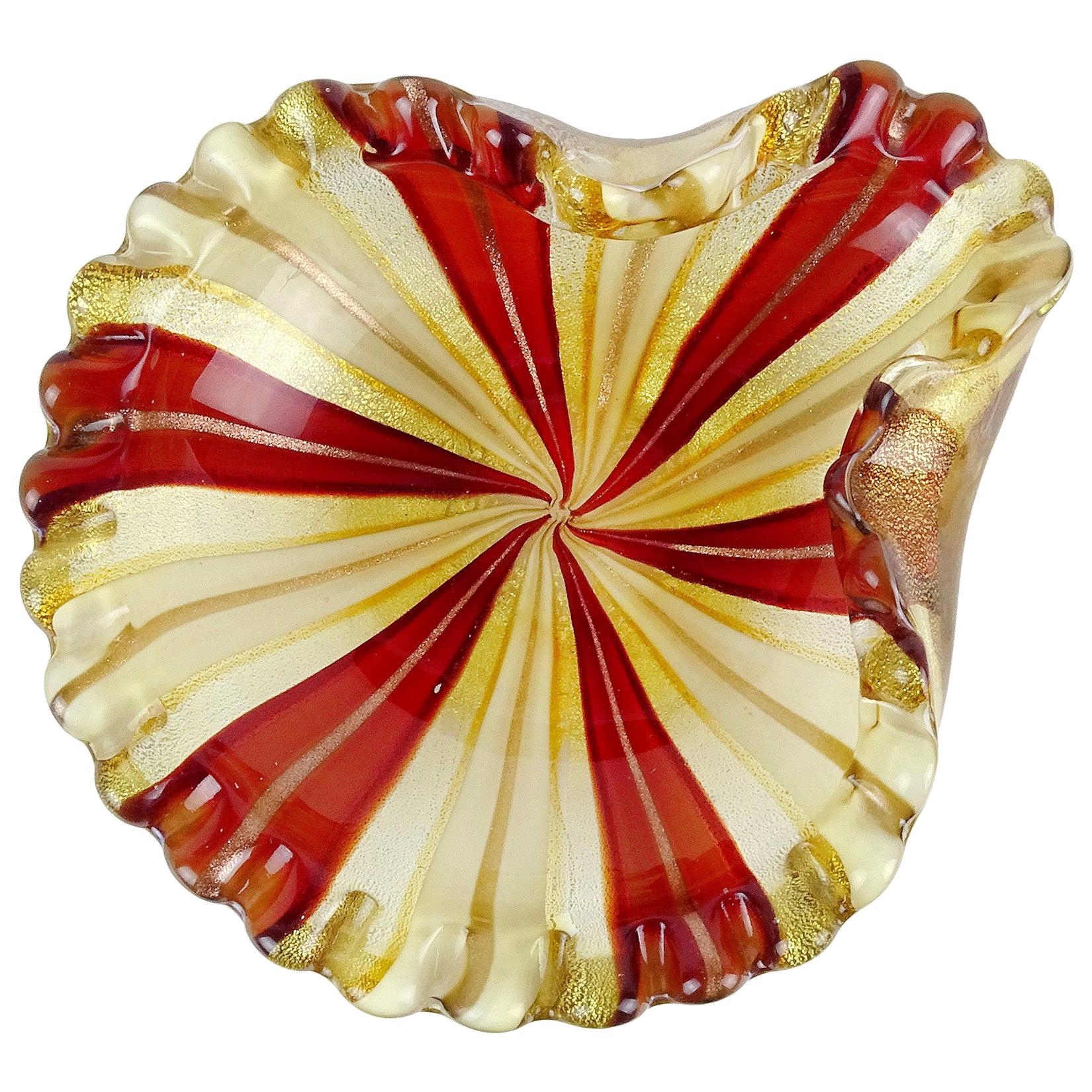 Murano Red White Copper Aventurine Gold Flecks Italian Art Glass Decorative Bowl