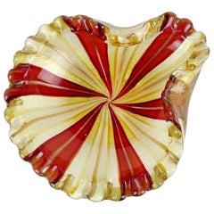 Murano Red White Copper Aventurine Gold Flecks Italian Art Glass Decorative Bowl