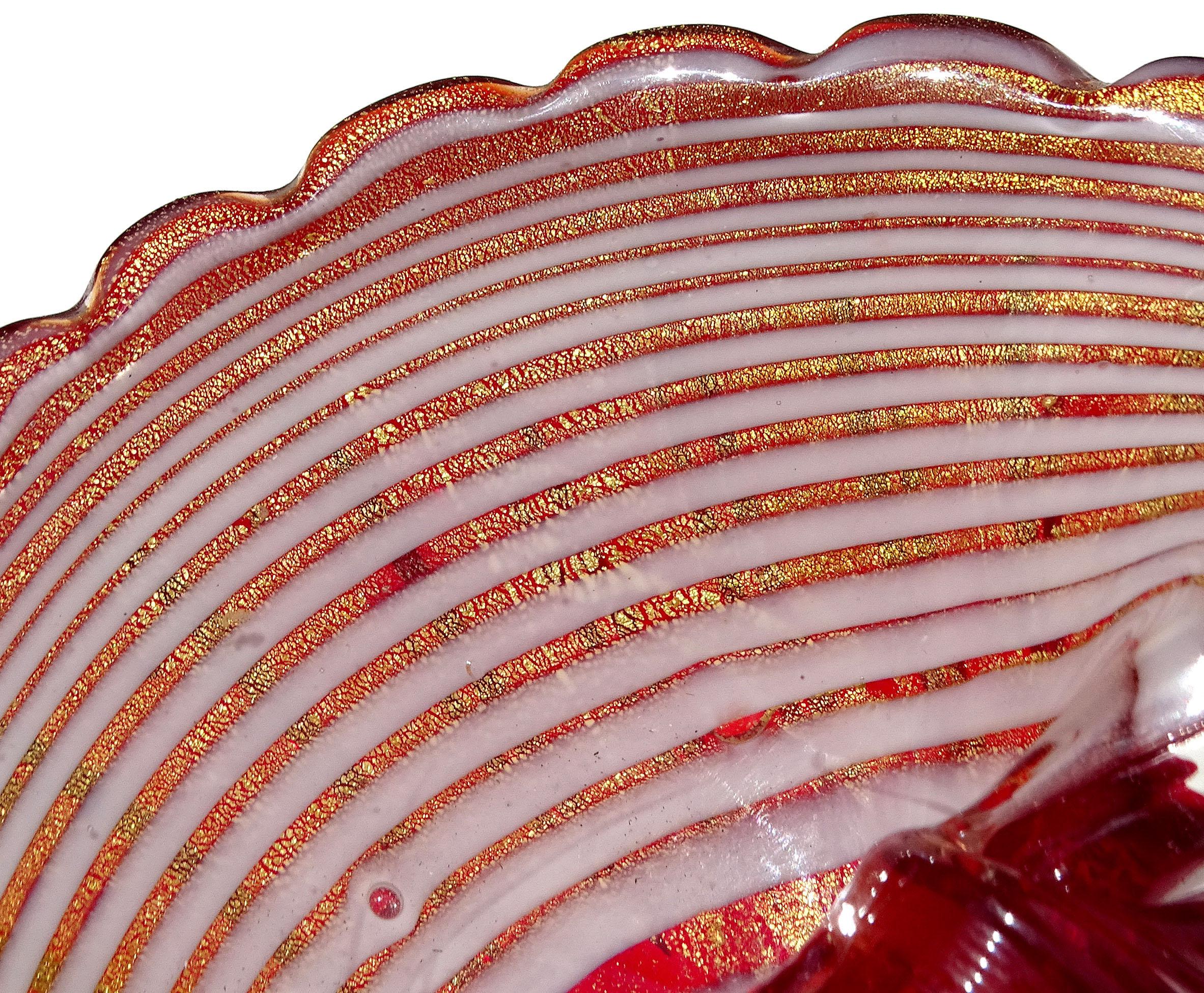 Murano Rot Weiß Gold Flecken Italienische Kunst Glas Fan Muschel Schale Ring Schüssel im Angebot 1