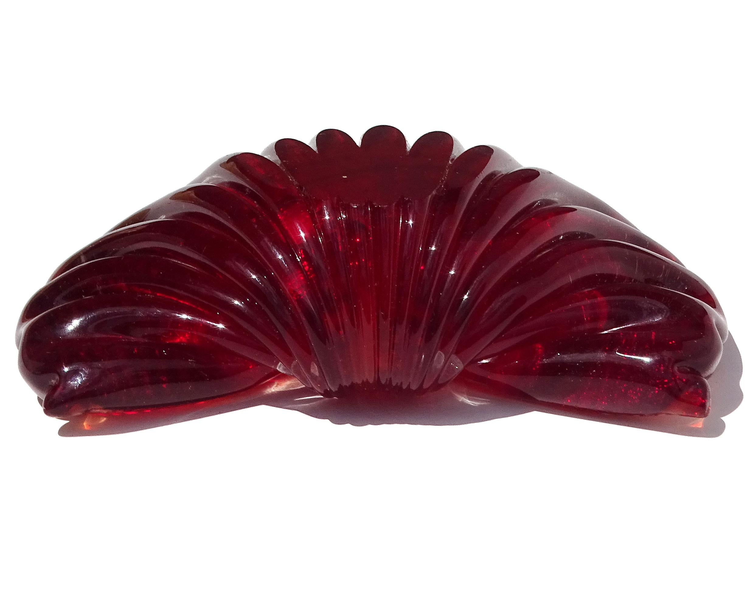 Murano Rot Weiß Gold Flecken Italienische Kunst Glas Fan Muschel Schale Ring Schüssel im Angebot 2