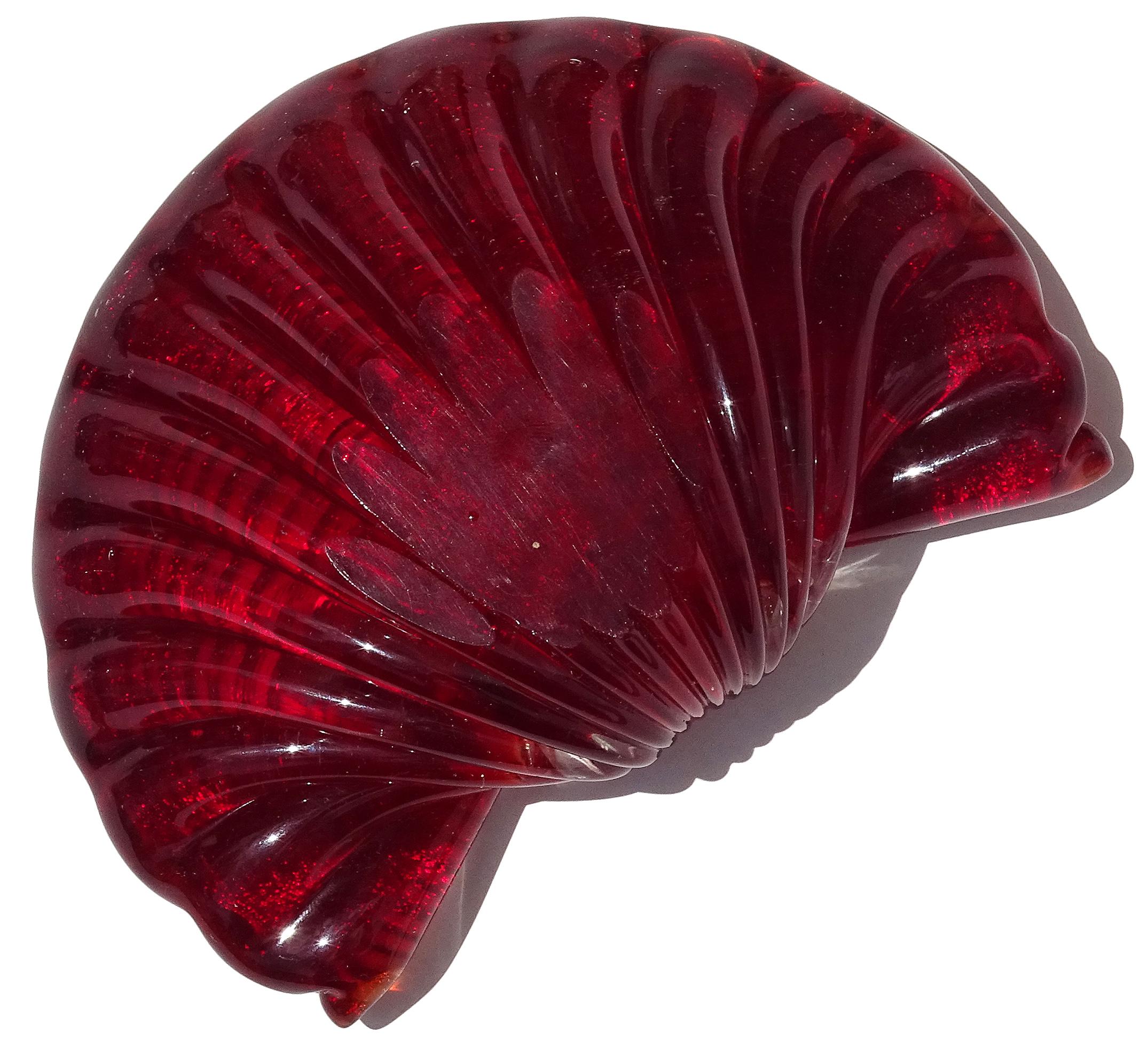 Murano Rot Weiß Gold Flecken Italienische Kunst Glas Fan Muschel Schale Ring Schüssel im Angebot 3