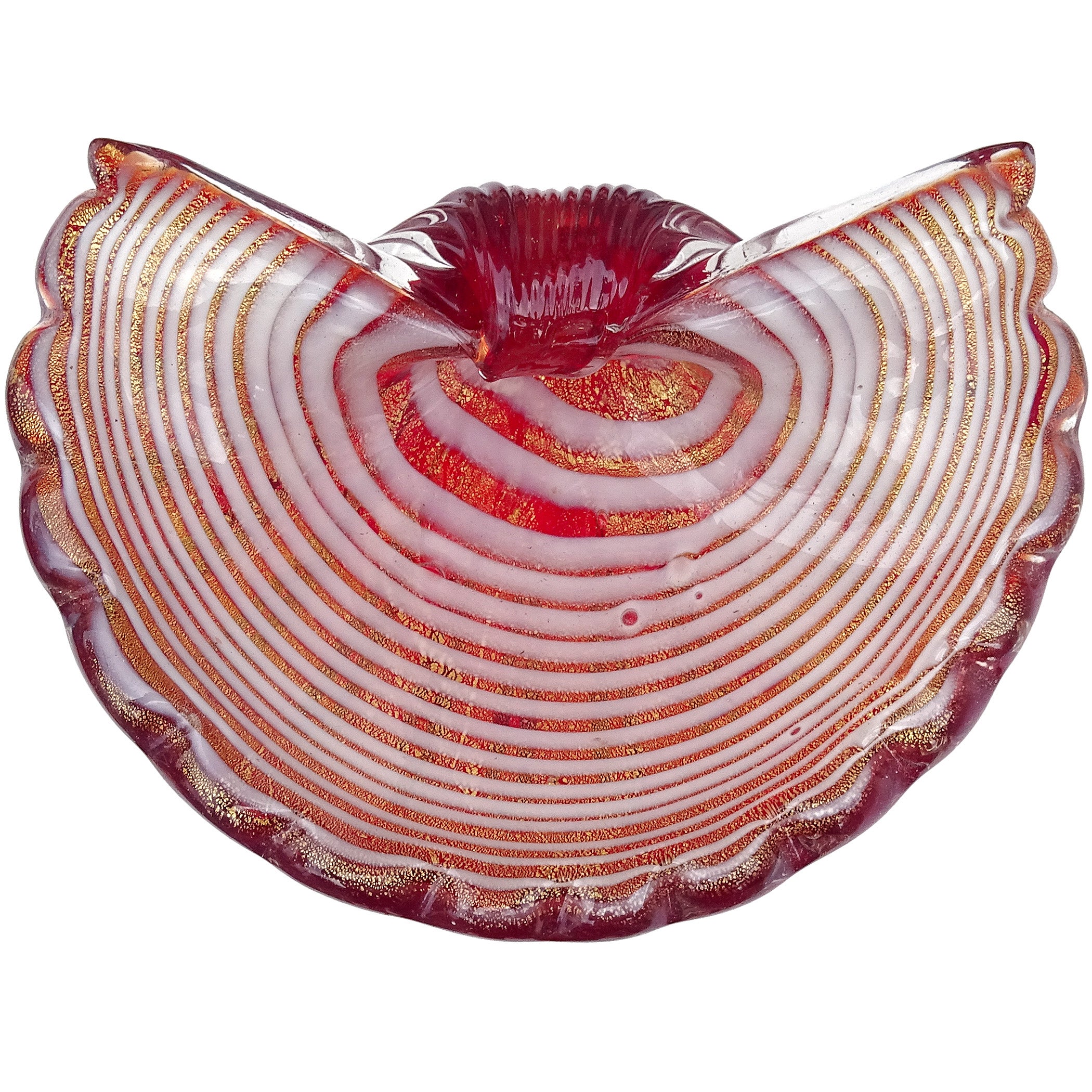 Murano Red White Gold Flecks Ventaglio in vetro artistico italiano Ciotola conchiglia Anello