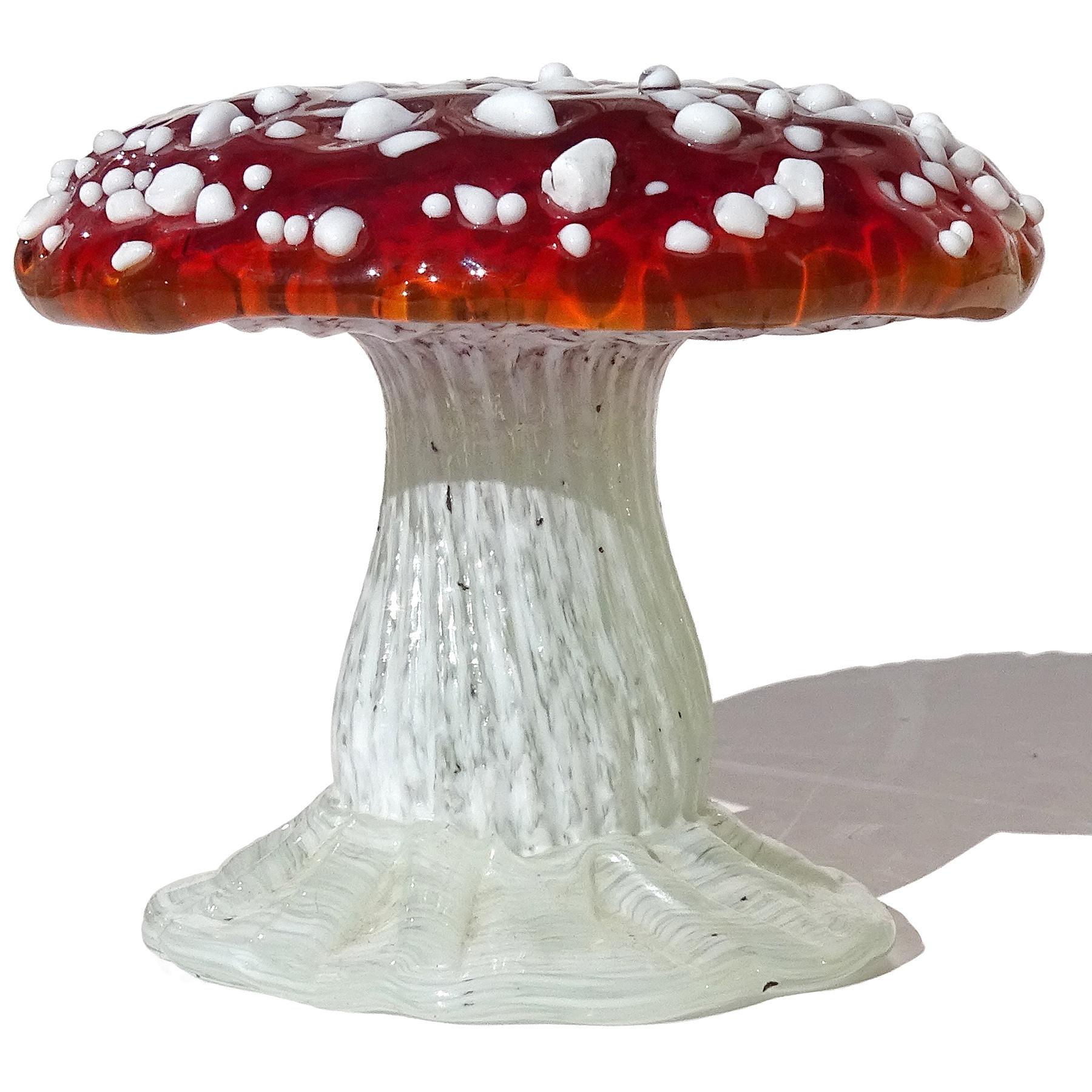 Hand-Crafted Murano Red White Spot Italian Art Glass Mushroom Toadstool Paperweight Sculpture For Sale