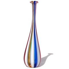 Vase à fleurs en verre d'art italien de Murano à rayures rouges et blanches, en forme de soliflore