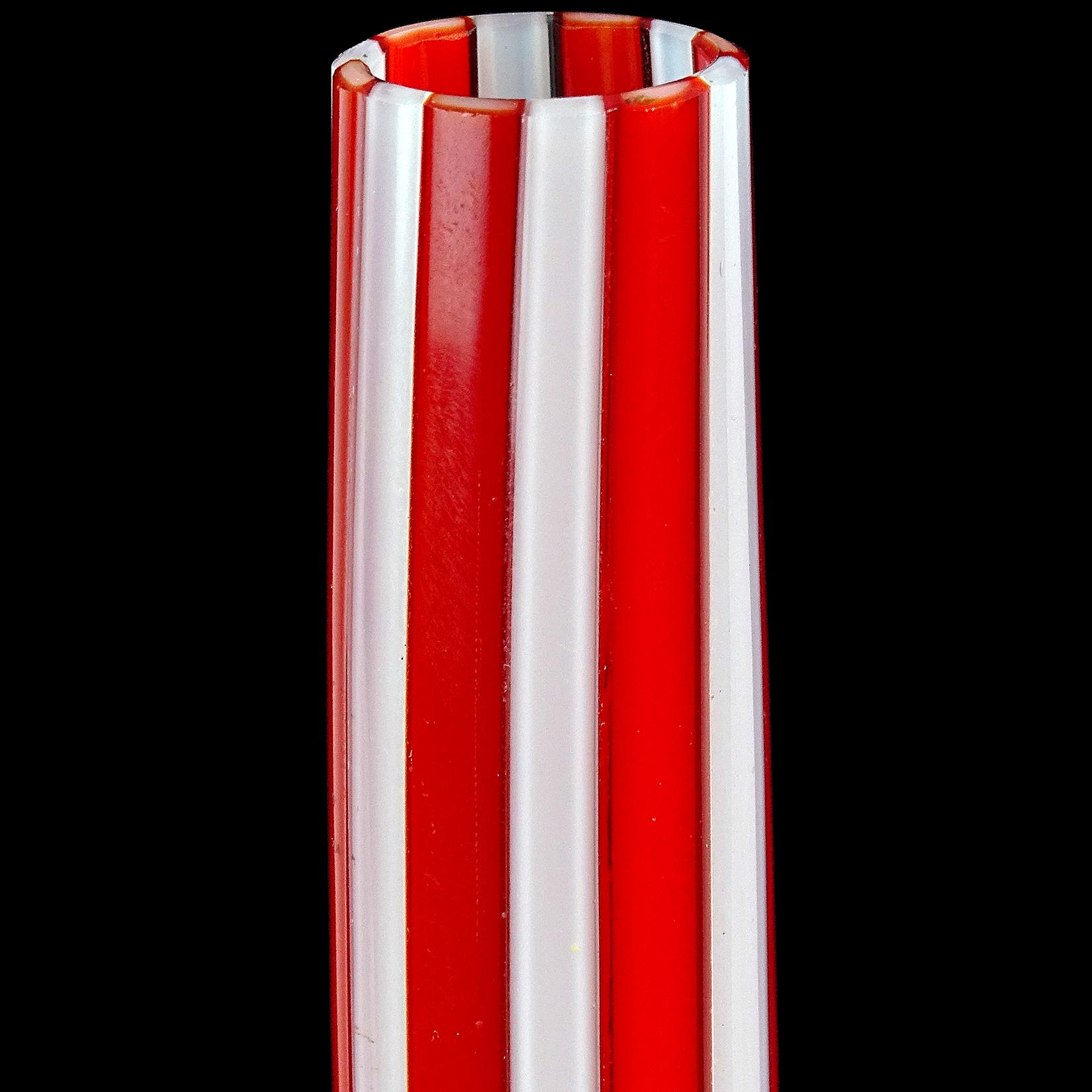 Mid-Century Modern Murano Red White Stripes Italian Art Glass Thin Soliflore Specimen Flower Vase