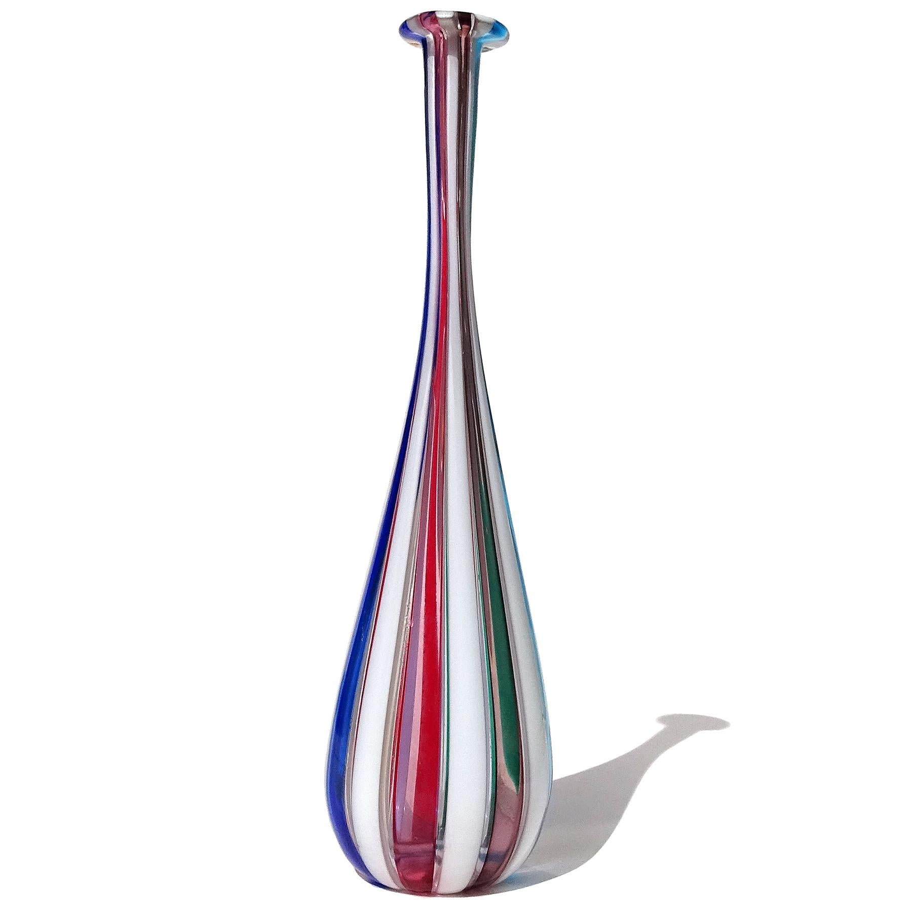 Hand-Crafted Murano Red White Stripes Italian Art Glass Thin Soliflore Specimen Flower Vase For Sale