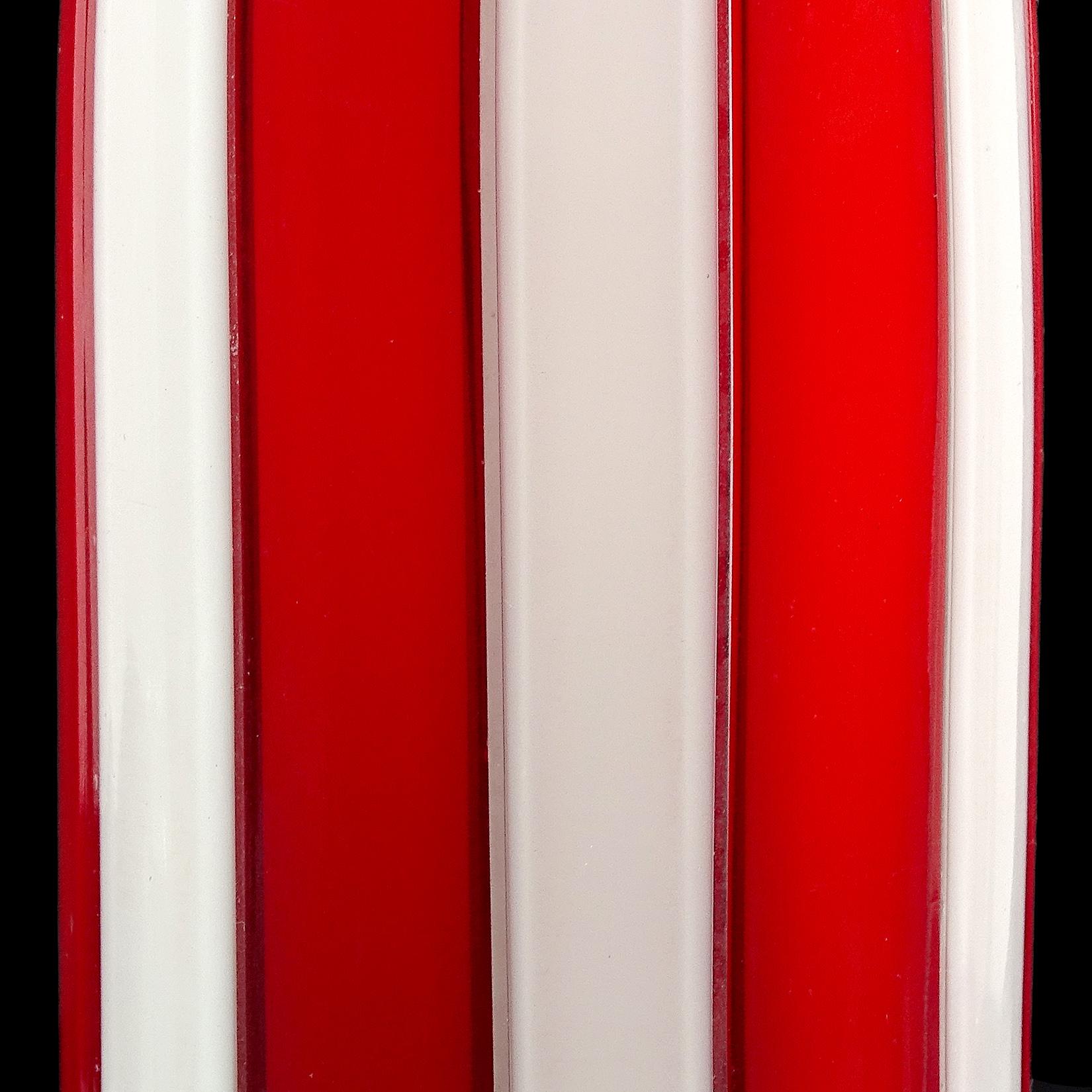 Hand-Crafted Murano Red White Stripes Italian Art Glass Thin Soliflore Specimen Flower Vase